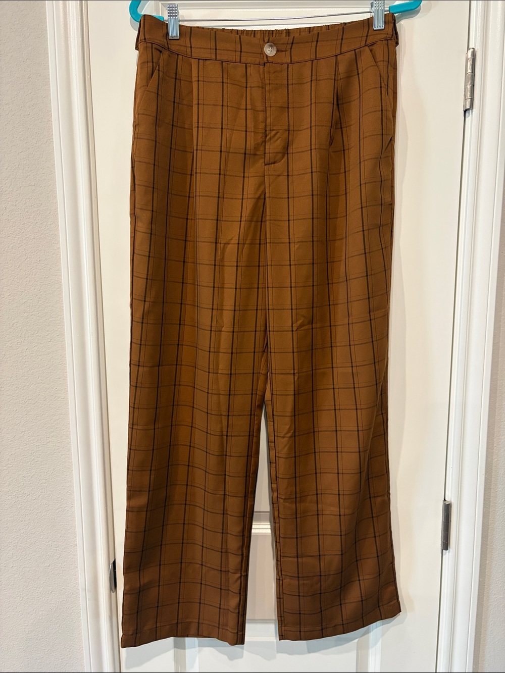 Allegra K Rust Brown Plaid Wide-Leg Trousers